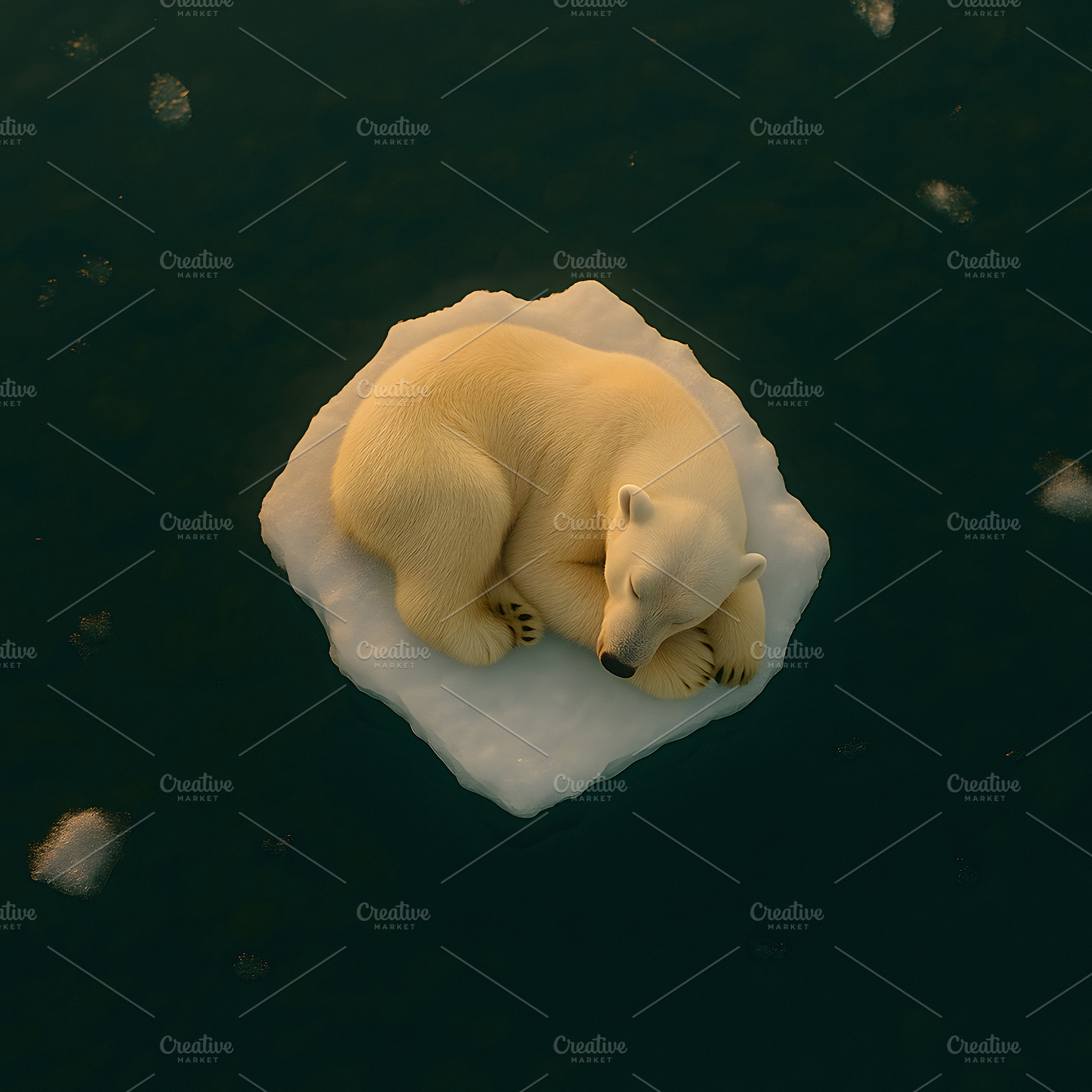 Polar bear sleeping alone on shrinking sea ice, an Animal Photo by GoodGoods