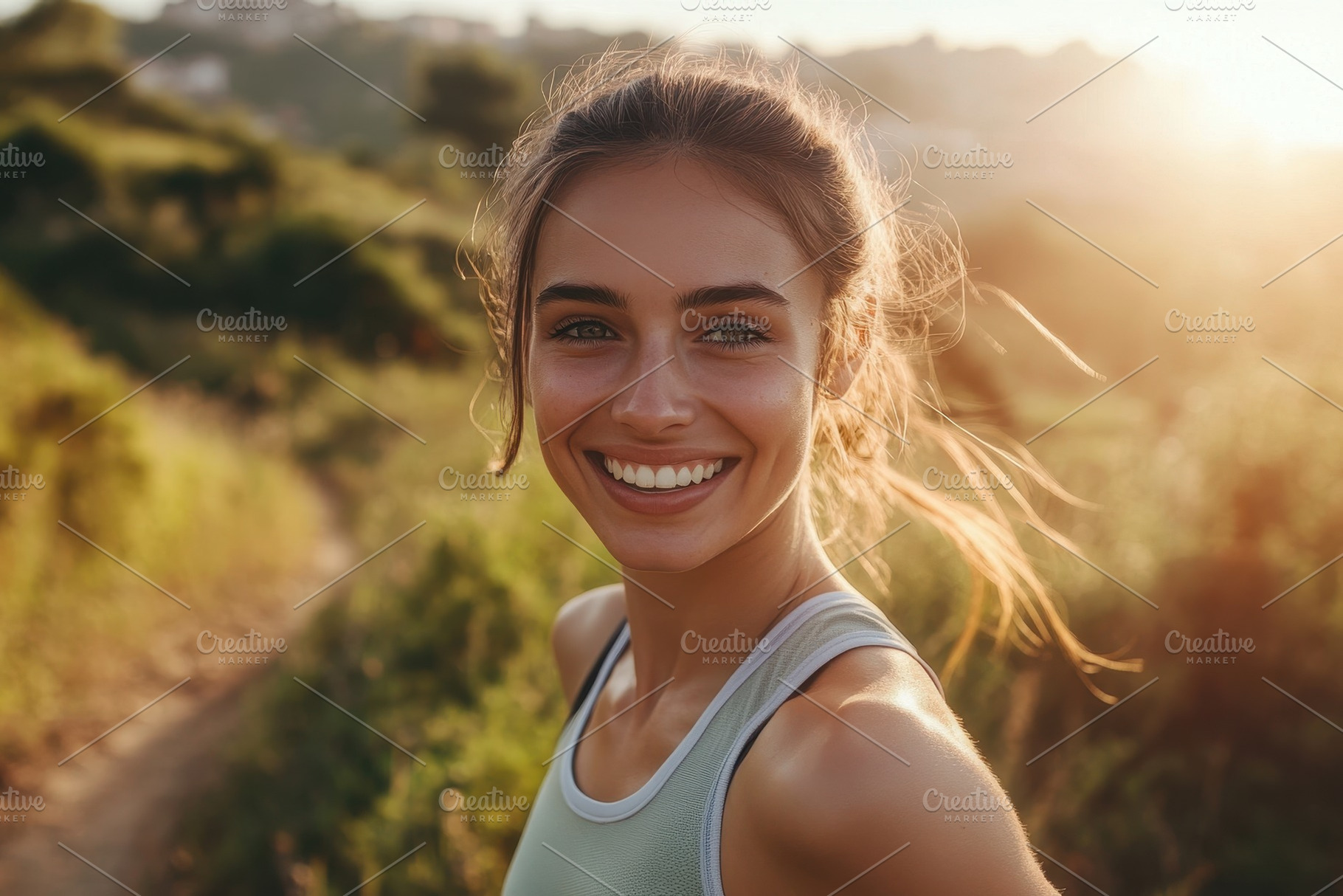 Woman smiles while trail running, a Photo by Pavel_design