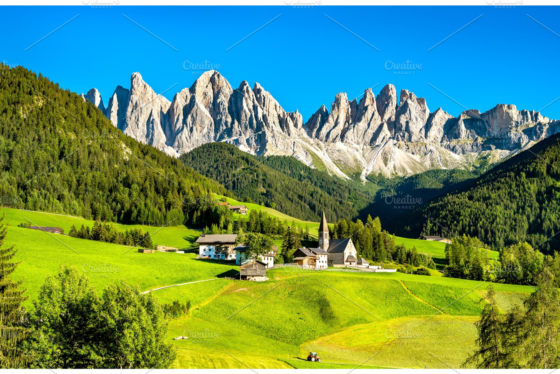 Chruch at santa maddalena the stock photo containing italy and dolomites, an Architecture Photo by Leonid Andronov
