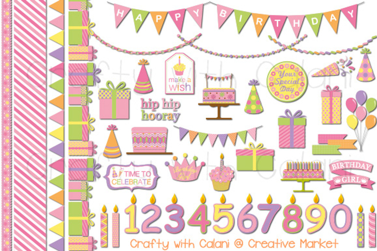 Sweet Girl Birthday Clipart Set, an Illustration by Crafty with Calani