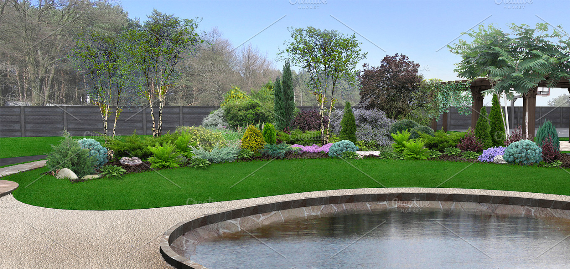 Backyard horticultural background featuring landscape, design, and landscaping, an Architecture Photo by ThreeDiCube