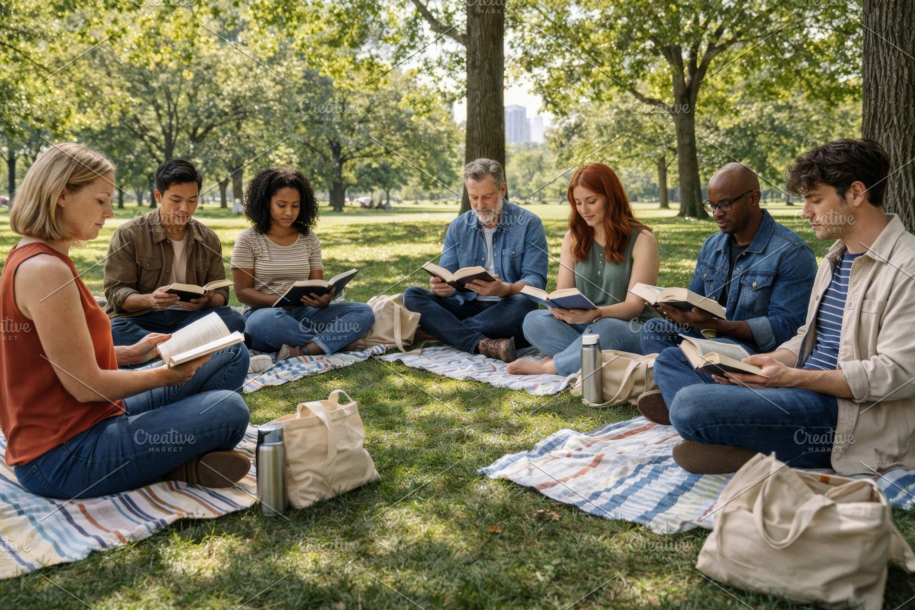 Reading club gathering in park with, a Photo by Dvoevnore photos