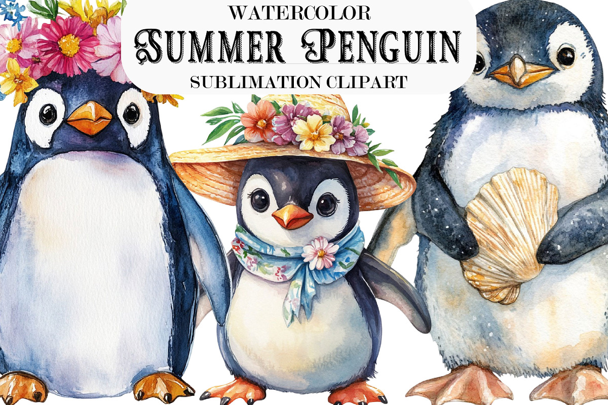 Watercolor Summer Penguin Clipart, a Seasonal Illustration by Designking (Photo 1 of 5)