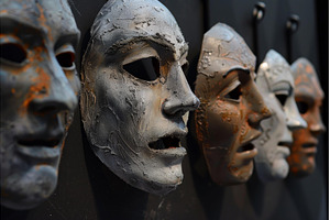 Row of dramatic masks hanging on, an Arts & Entertainment Photo by Ylivdesign