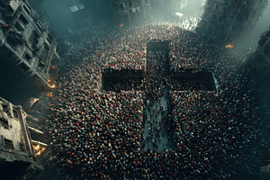 Massive crowd surrounding deep cross-shaped pit in ruined citysc, an Illustration by José Manuel Gelpi