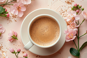 Spring coffee flat lay with cherry blossom flowers on pastel bac, a Holiday Photo by José Manuel Gelpi