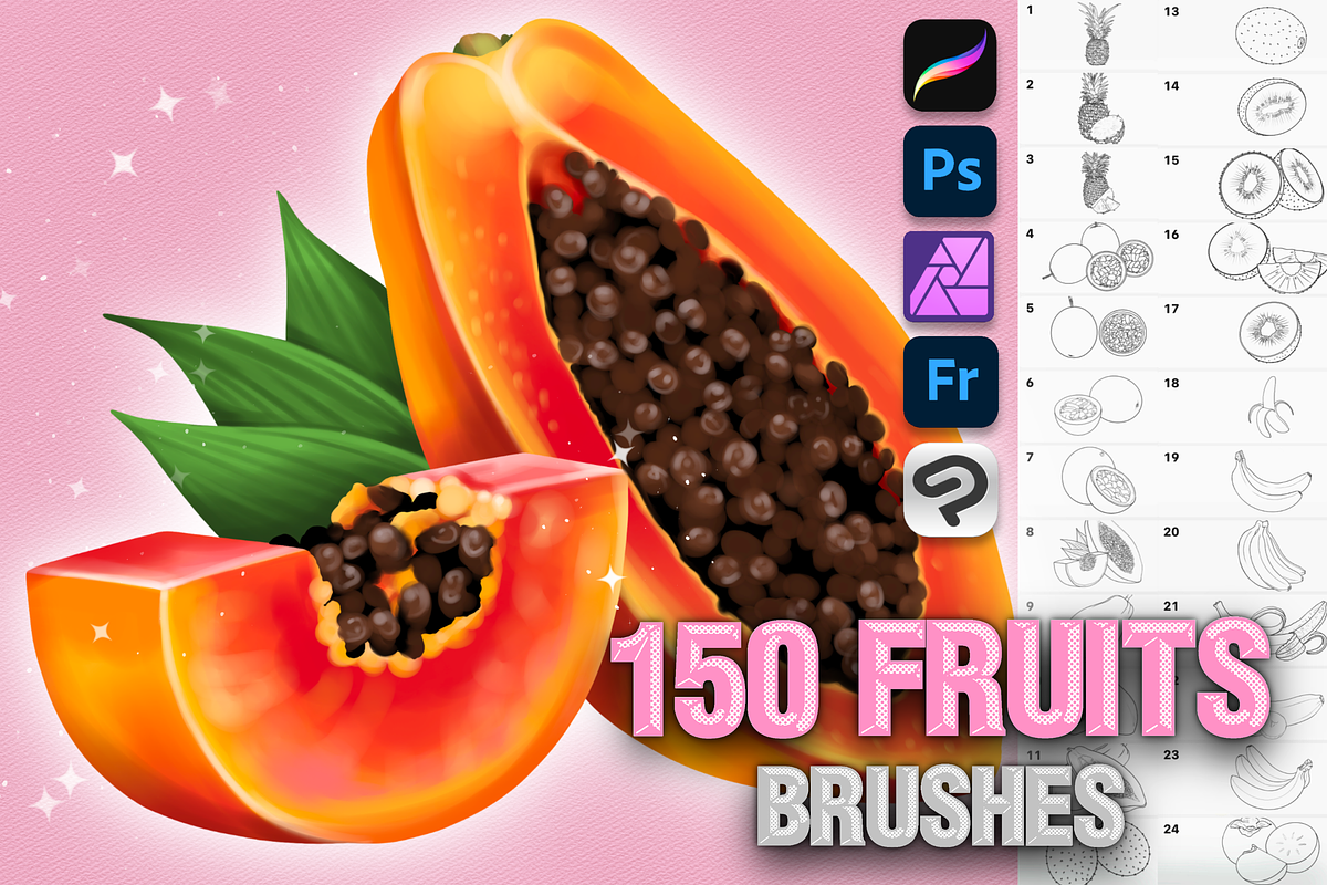Fruits Procreate Photoshop brushes, a Brush Add-On by Revabrush