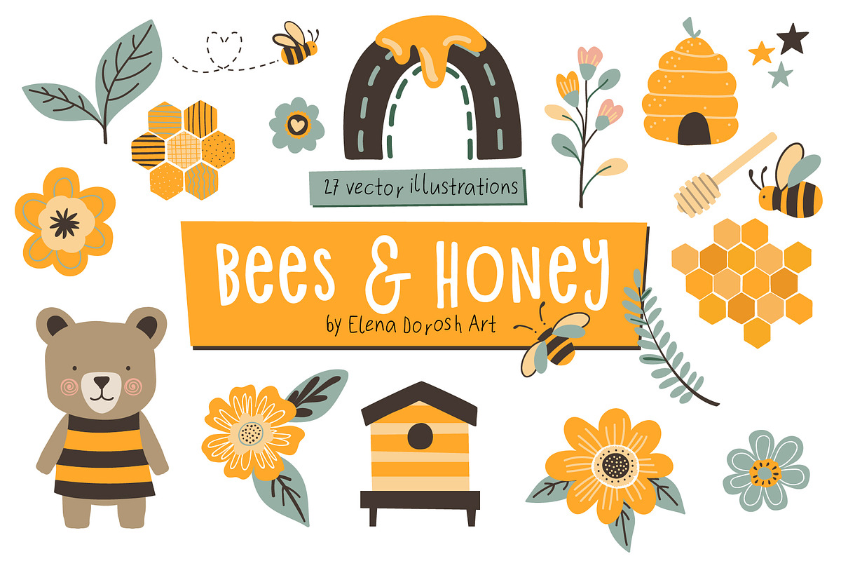 Bees, Honey Cartoon Vector Clipart, a Decorative Illustration by Elena Dorosh (Photo 1 of 2)