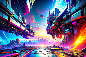 Colorful image of a futuristic cityscape, a Decorative Illustration by DanFLCreativo
