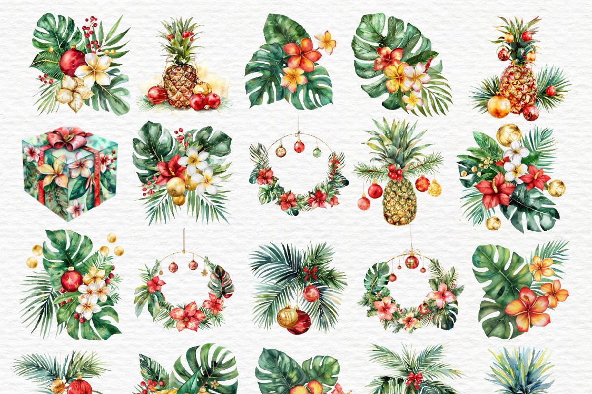 Tropical christmas watercolor clipar, a Seasonal Illustration by Invite to Clipart (Photo 3 of 7)