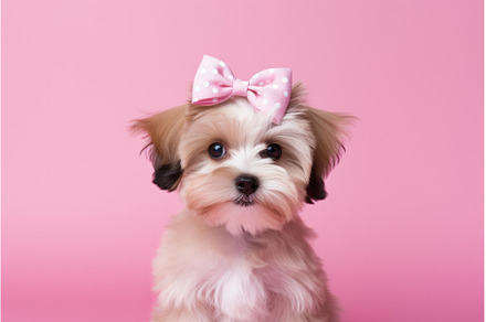 Puppy pink bow background. Generate, an Animal Photo by Ylivdesign