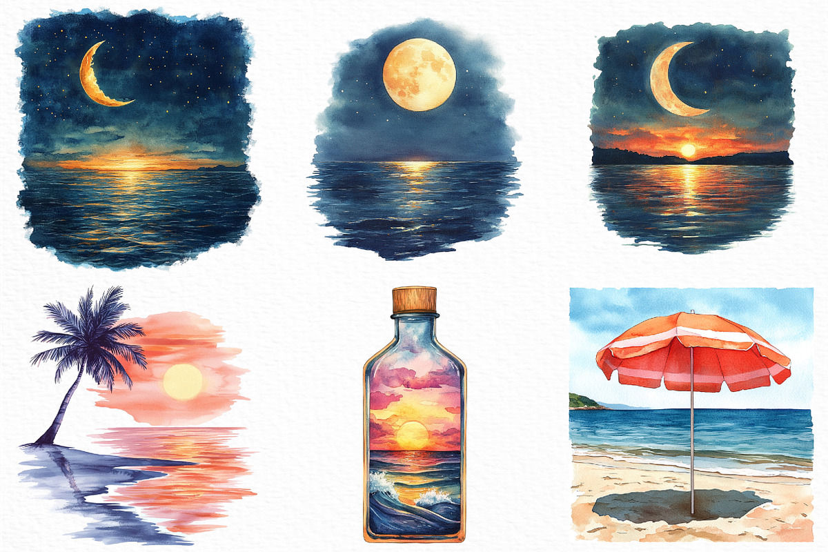 Watercolor Sea Sunset Clipart, an Illustration by Craft Nest (Photo 2 of 6)
