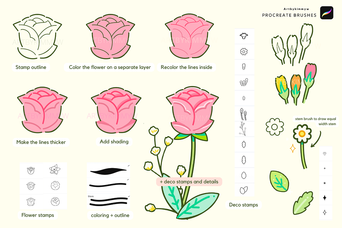 Procreate Kawaii Art Floral Brushes, a Brush Add-On by Artbykimmyw (Photo 4 of 11)