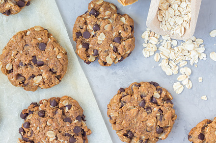 Flourless gluten free peanut butter, oatmeal and chocolate chips cookies on parchment, top view, square, a Food & Drink Photo by iuliia_n