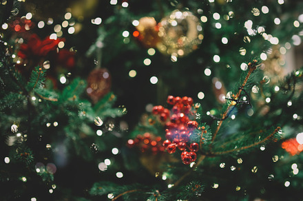 Decorated christmas tree closeup featuring abstract, background, and ball, a Holiday Photo by David Khelashvili