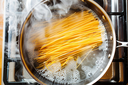 Flat lay of spaghetti cooking in boiling water, a Food & Drink Photo by AlyaAnd