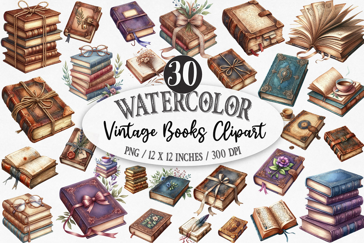 Watercolor Vintage Books Clipart, an Illustration by Designking (Photo 1 of 5)