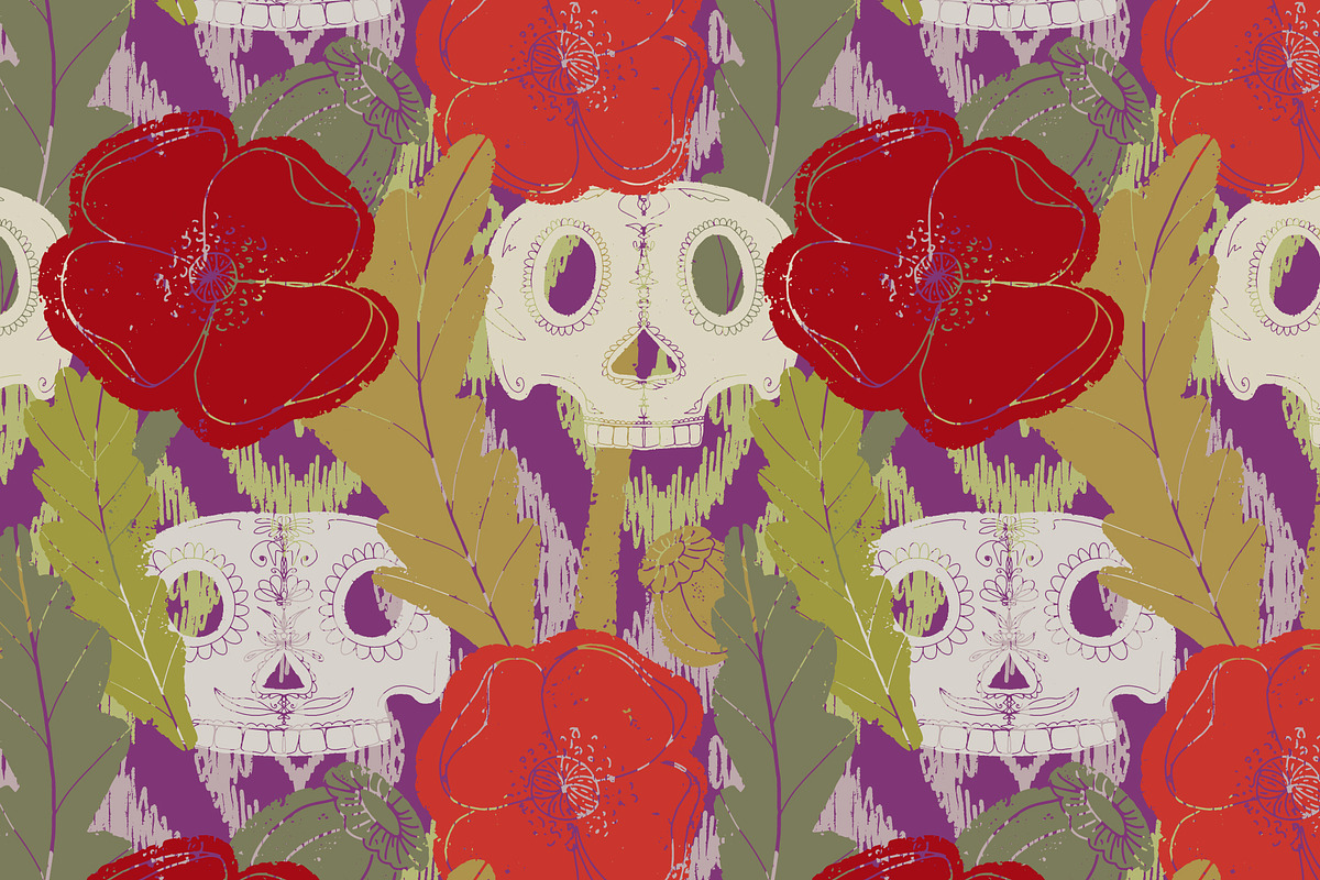 Folk art pattern poppy, sugar skull, a Pattern Graphic by NayaChu (Photo 2 of 10)