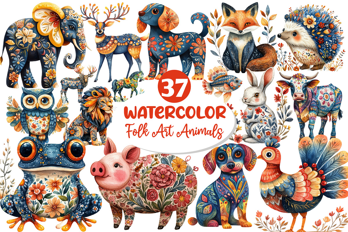 Watercolor Folk Art Animals Clipart, an Illustration by Dream Creation (Photo 1 of 7)