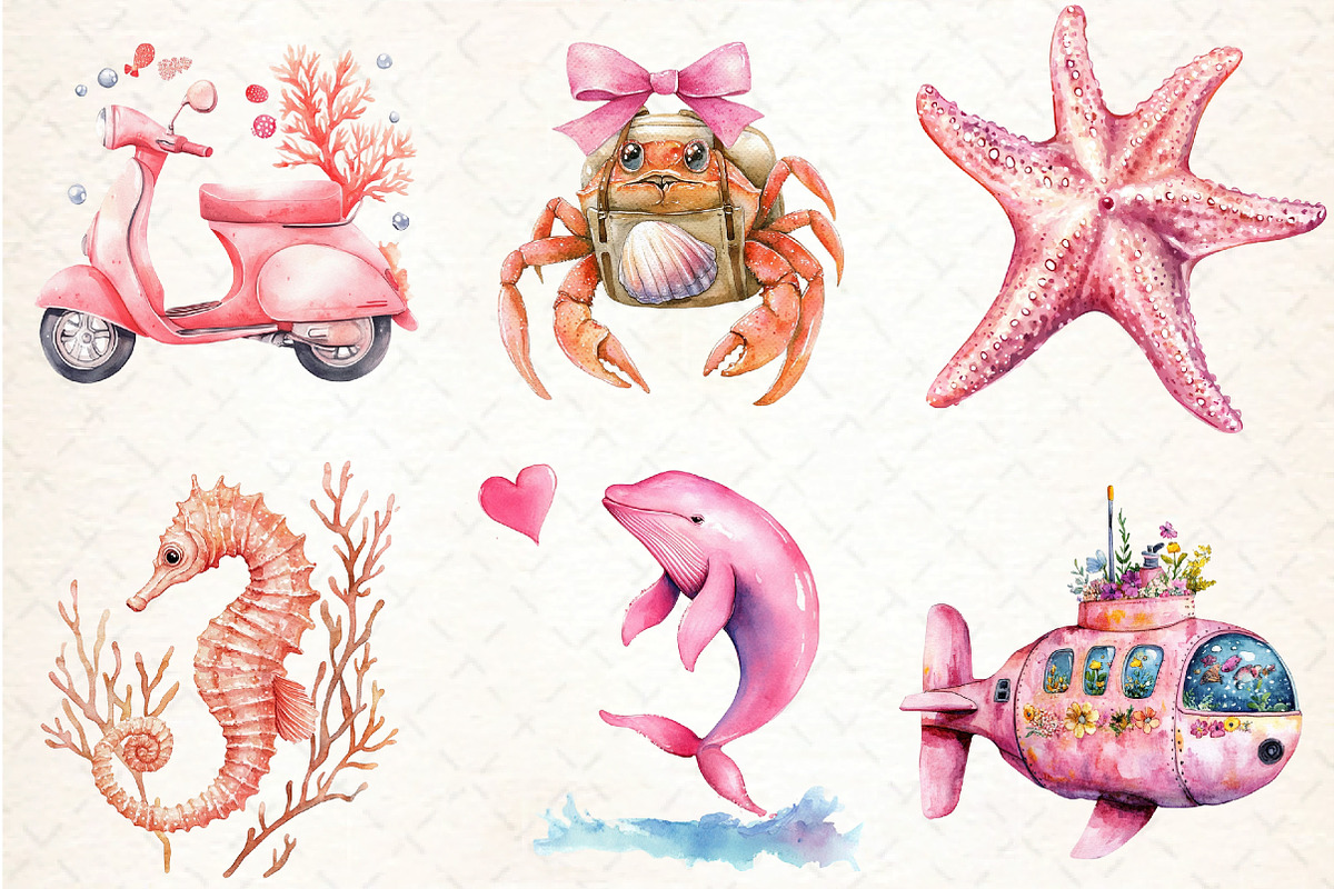 Pink Sea Adventure Clipart, an Illustration by DreamCafeArt (Photo 2 of 8)