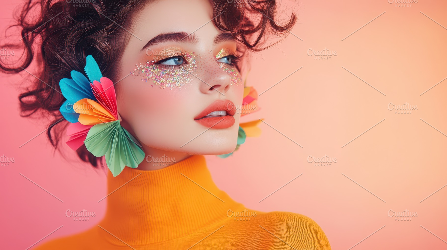 A young woman with glitter makeup and colorful paper accents poses against a pa, a Person Photo by Mashimara
