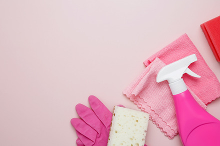 Household cleaning and hygiene concept. Pink cleaning supplies including rubber, a Photo by matucha