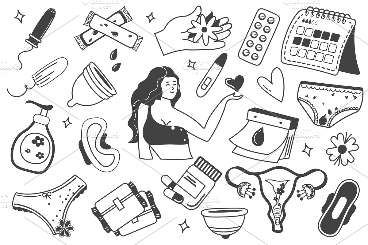 Menstruation set in flat line design, an Object Illustration by Dessign Sells