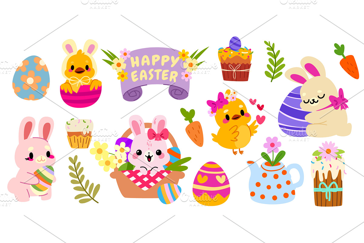 Easter bunny, chick and colored eggs, an Illustration by art PVP - market