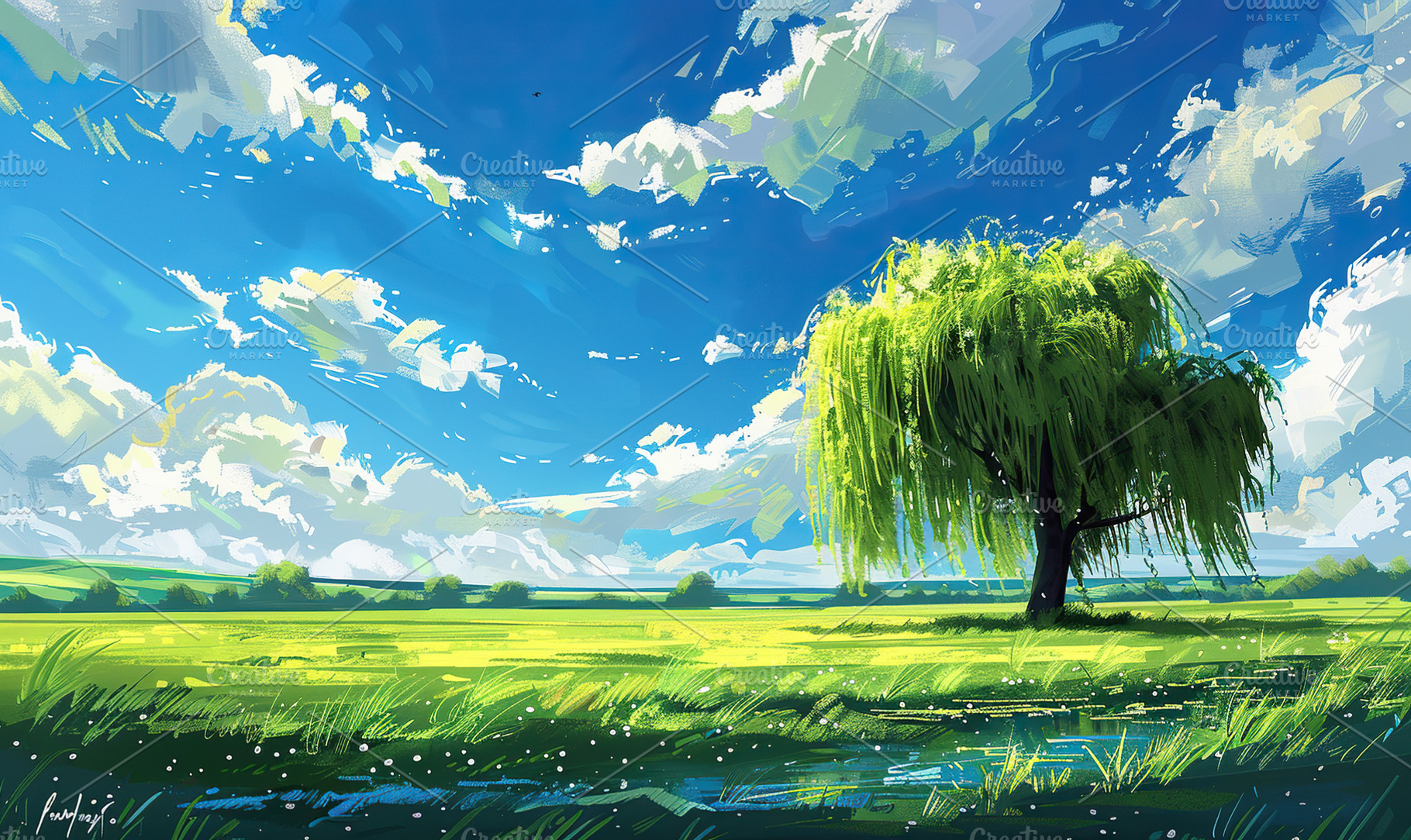 Lush green field under blue skies wi, a Photo by LOGOCREATIVE