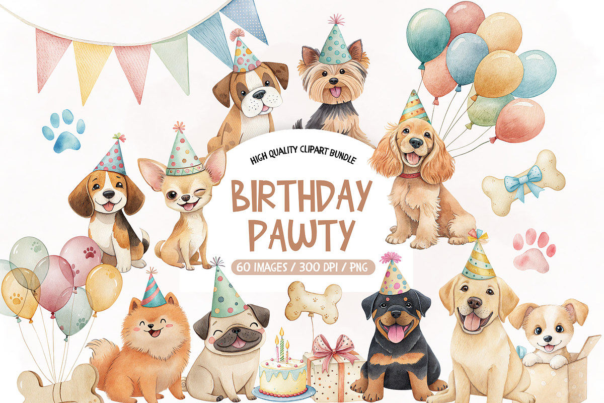 Paw Party Clipart, Dog Birthday, an Illustration by TatiMockup (Photo 1 of 7)
