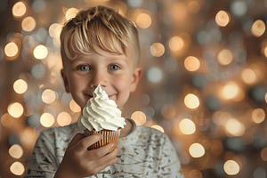 Child boy holding sweet cupcake with whipped cream on blurred lights background, a Person Photo by AlyaAnd