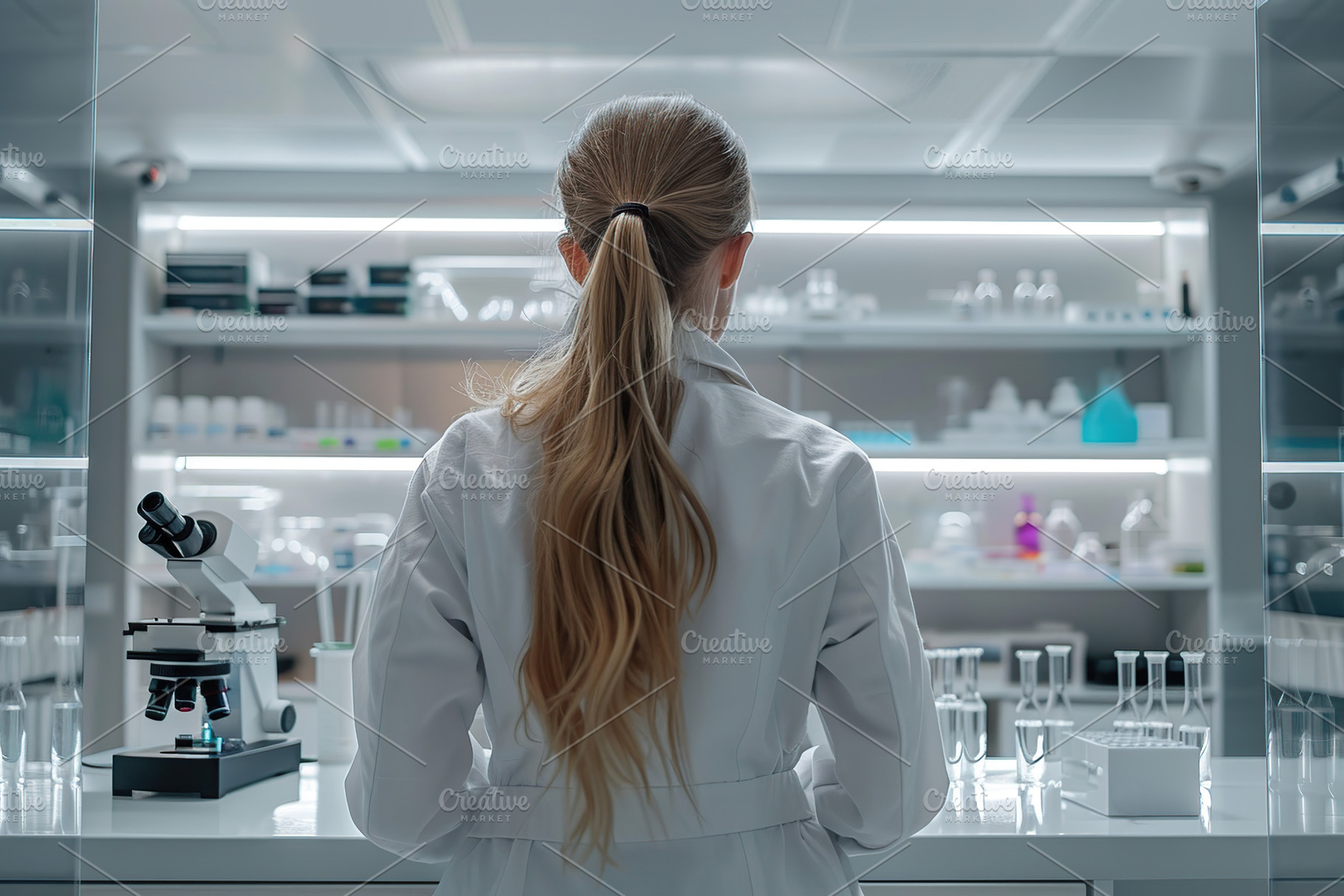 Back view of biochemical scientist working with microscope in ph, a Health & Medical Photo by AlyaAnd