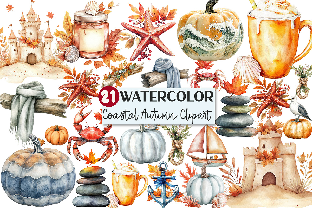 Watercolor Coastal Autumn Clipart, an Illustration by Rose Art (Photo 1 of 7)