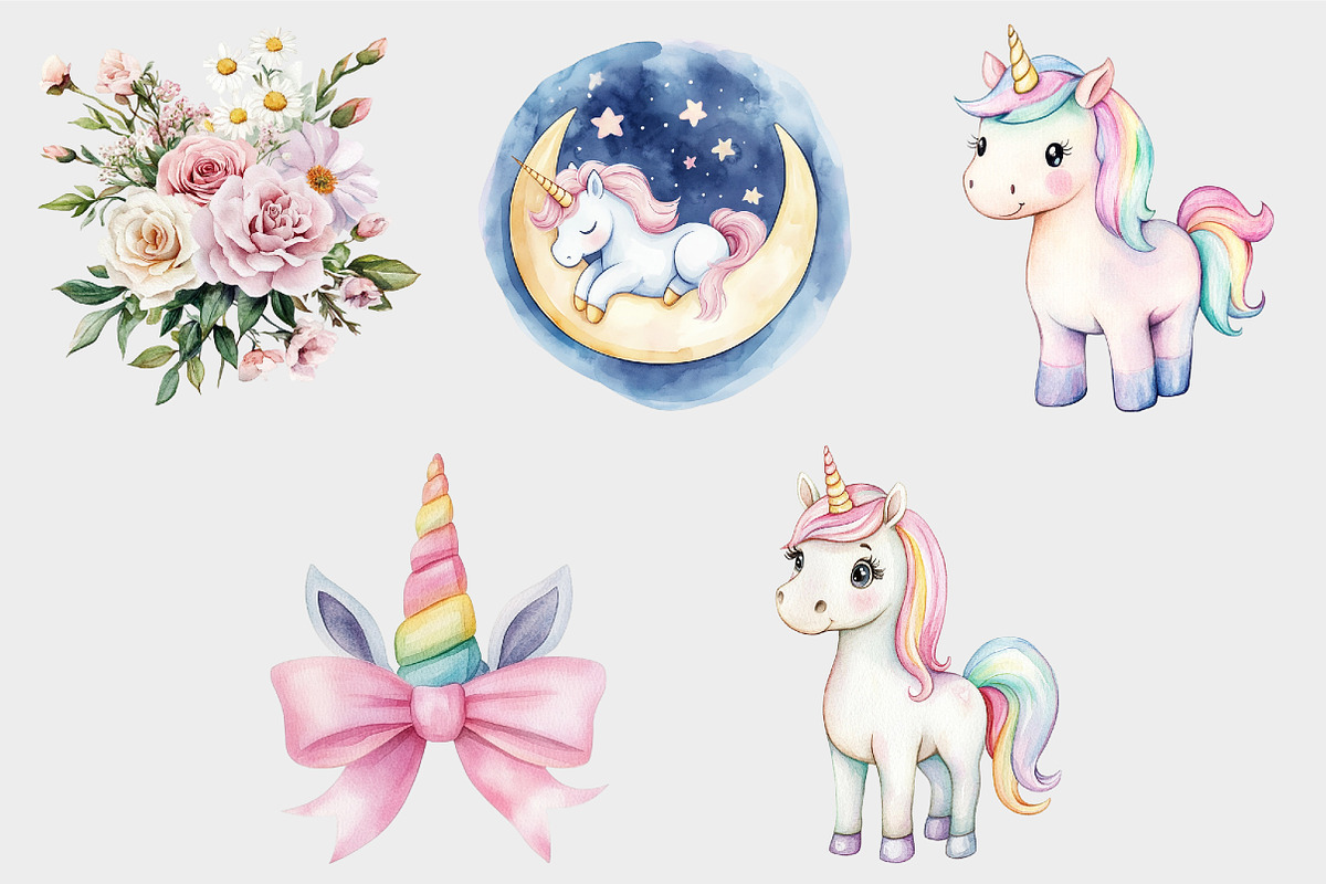 Watercolor Pastel Unicorn Clipart, a Seasonal Illustration by Design Market (Photo 5 of 5)