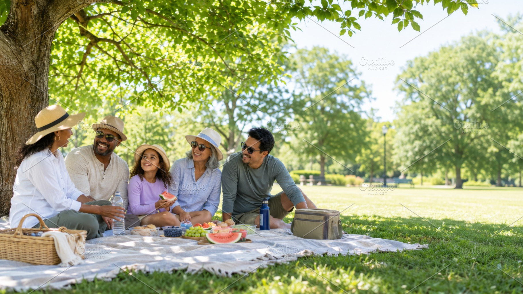 Family picnic under a tree in summer, a Photo by Dvoevnore photos
