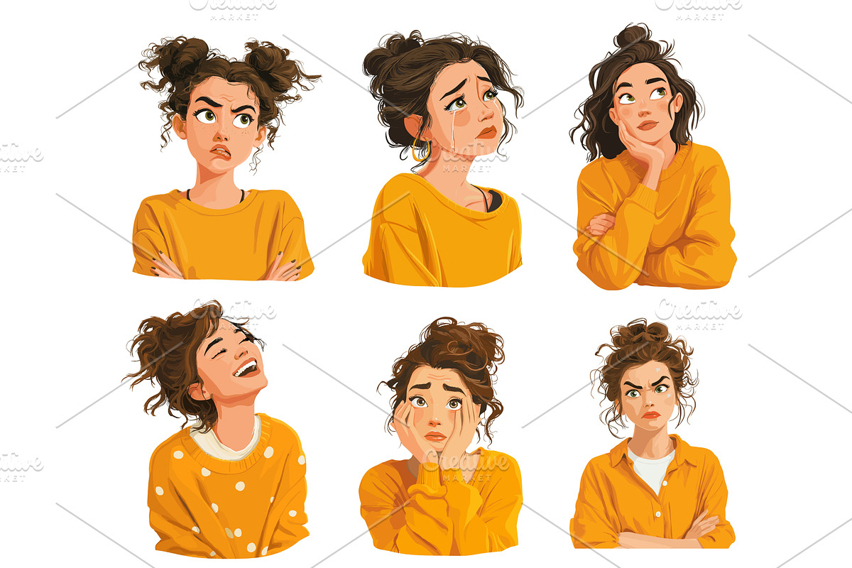 Woman emotions set. Brunette girl in, a Person Illustration by Stock-Smart-Start