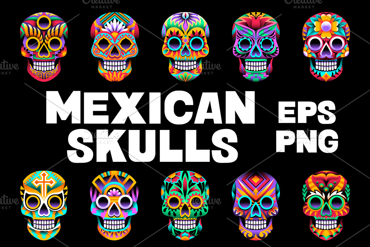 10 Ornamental Vector Mexican Skulls, a Decorative Illustration by Andres M Rodriguez (Photo 1 of 2)