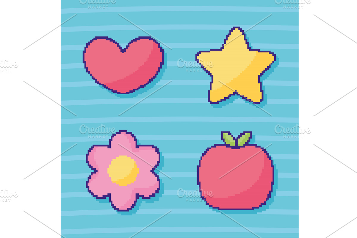four pixel art icons, an Object Illustration by studiogstock