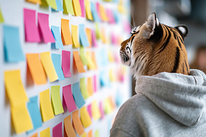 Tiger observes colorful notes on a wall in a creative workspace during daylight, a Photo by AlyaAnd