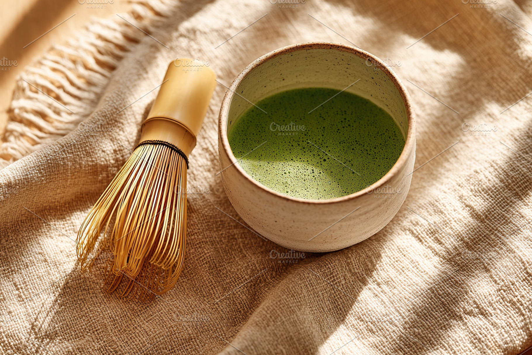 Crafting matcha in a traditional bowl with a bamboo whisk on linen fabric, a Food & Drink Photo by AlyaAnd
