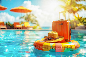 Sunny Pool Float with Suitcase at Tropical Resort, a Sports & Recreation Photo by Davizro's Market