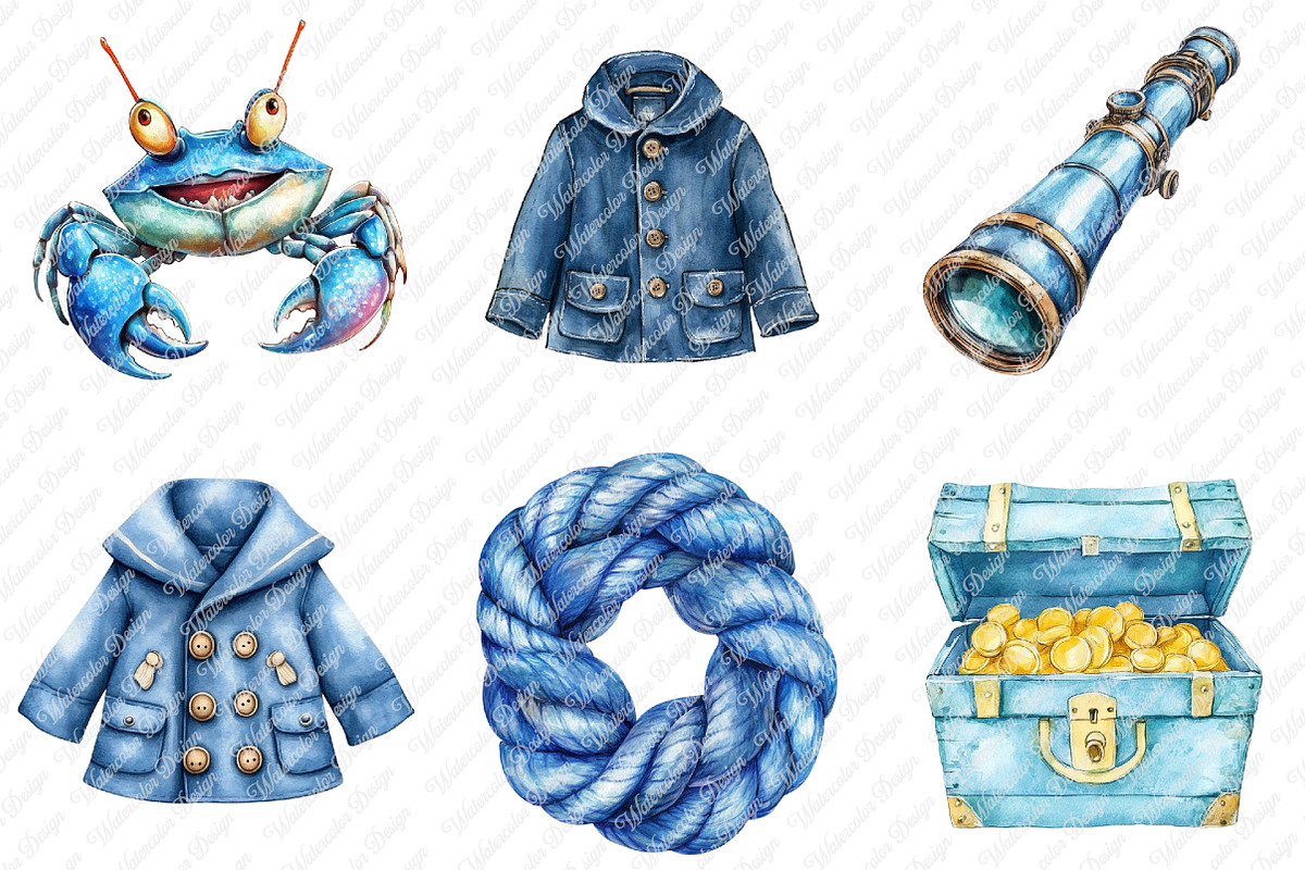 Watercolor Blue Nautical Clipart png, an Illustration by Watercolor design (Photo 4 of 12)