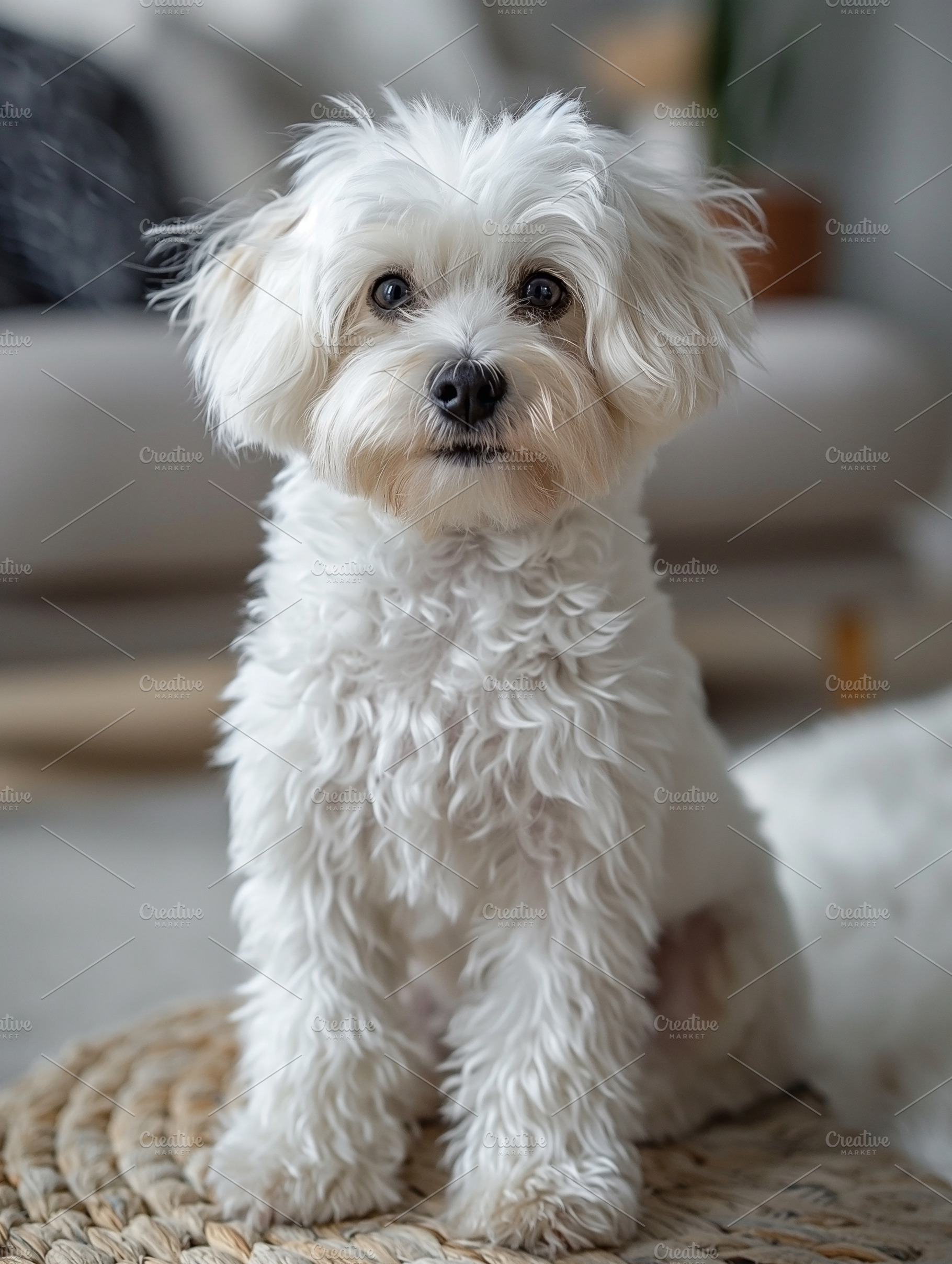 A fluffy white dog with curly fur sits gracefully on a woven mat, exuding charm, an Animal Photo by ImageMir