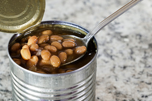 Baked beans in open can with spoon, a Food & Drink Photo by 1miromiro