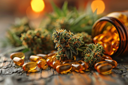 Medical marijuana and CBD capsules with cannabis buds on rustic table, a Photo by AS photostudio