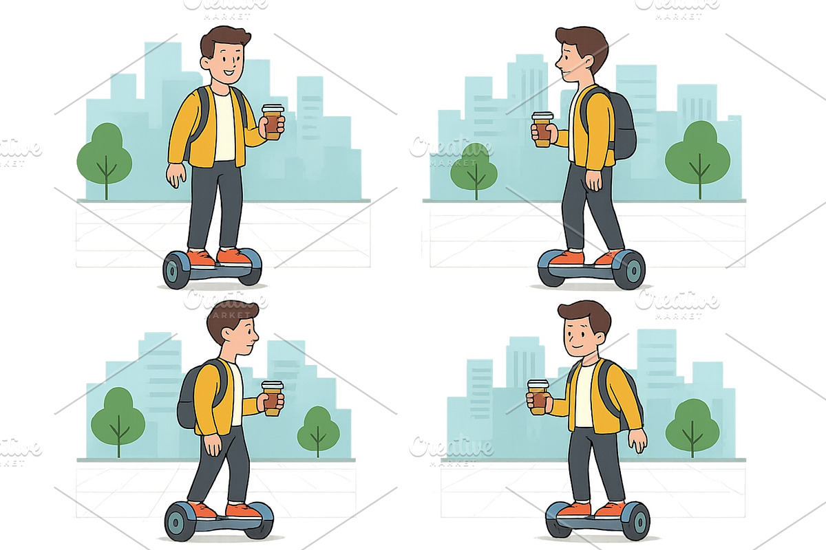 Young man riding a hoverboard in the, an Illustration by ZinetroN