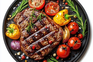 Grilled beef steak and vegetables is, a Food & Drink Photo by Pixeness Studio