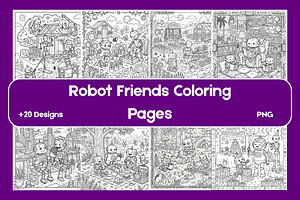 Robot Friends Coloring Pages, a Technology Illustration by BerryPieArt