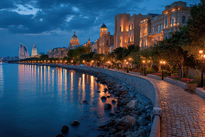 Baku Azerbaijan seaside promenade at, a Photo by Pixeness Studio