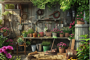 Gardening tools and flowers hanging, a Nature Photo by Ylivdesign